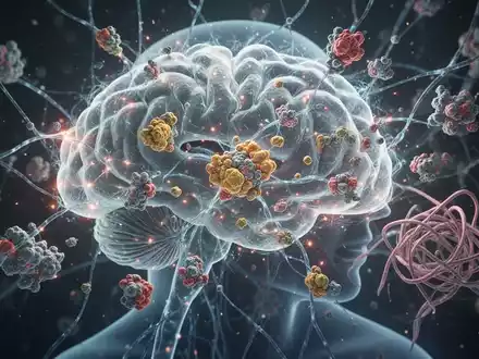 Eine stilisierte Darstellung eines leuchtenden neuronalen Netzes mit komplexen Proteinmodellen und einer menschlichen Silhouette im Hintergrund. - Foto: über boerse-global.de