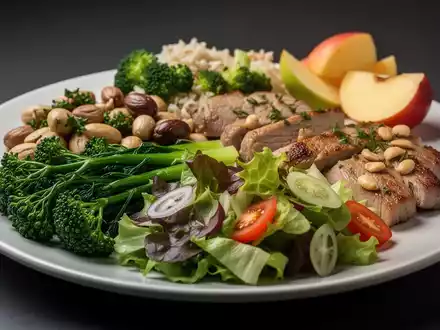 Ein Teller mit einer Mahlzeit, die nach der empfohlenen Reihenfolge angeordnet ist: viel grünes Gemüse, dann Protein und gesunde Fette. - Foto: über boerse-global.de