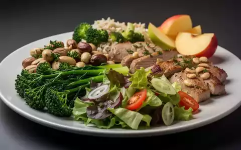 Ein Teller mit einer Mahlzeit, die nach der empfohlenen Reihenfolge angeordnet ist: viel grünes Gemüse, dann Protein und gesunde Fette. - Foto: über boerse-global.de