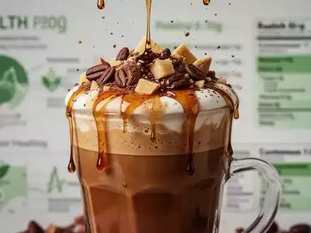 Nahaufnahme eines reichhaltigen KaffeegetrĂ€nks mit Sahne, Sirup und Streuseln, das ĂŒber den Rand eines Glases lĂ€uft, vor einem unscharfen Hintergrund. - Foto: ĂŒber boerse-global.de
