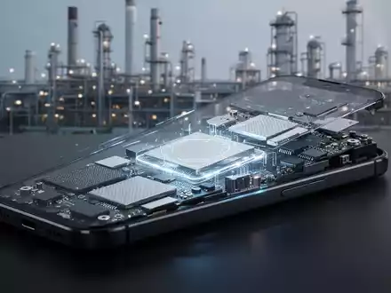 Ein modernes Smartphone mit sichtbaren internen Komponenten, die auf fortschrittliche Materialien hinweisen, im Hintergrund eine Fabrik. - Foto: über boerse-global.de