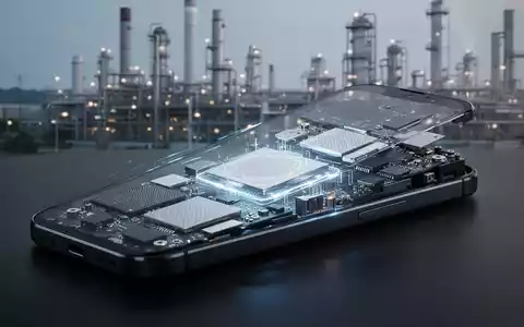 Ein modernes Smartphone mit sichtbaren internen Komponenten, die auf fortschrittliche Materialien hinweisen, im Hintergrund eine Fabrik. - Foto: über boerse-global.de