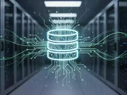 Stilisierte leuchtende Leiterplatte als Datenbank-Symbol mit abstrakten Datenströmen vor unscharfem Tech-Hintergrund. - Foto: über boerse-global.de