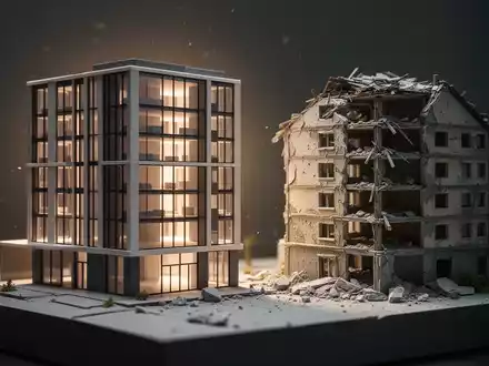 Ein detailliertes Architekturmodell, das ein modernes Gebäude neben einem teilweise dekonstruierten Altbau zeigt. - Foto: über boerse-global.de
