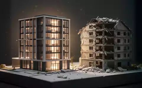 Ein detailliertes Architekturmodell, das ein modernes Gebäude neben einem teilweise dekonstruierten Altbau zeigt. - Foto: über boerse-global.de