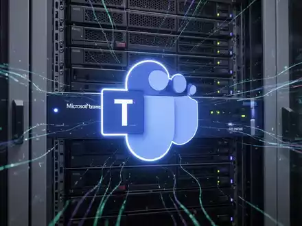 Leuchtendes Microsoft Teams-Logo auf Serverrack projiziert, mit digitalen Datenströmen für integrierte Telefonie und sichere Kommunikation. - Foto: über boerse-global.de