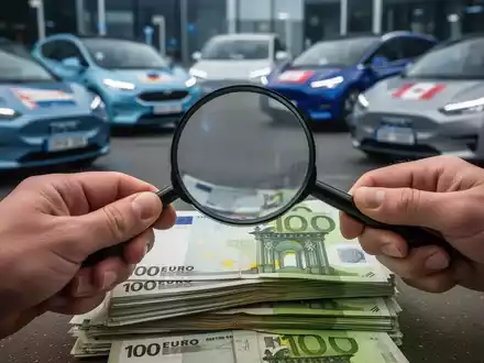 Eine Hand hält eine Lupe über einem Stapel Euro-Banknoten, im Hintergrund verschwommen Elektroautos, die Subventionen symbolisieren. - Foto: über boerse-global.de