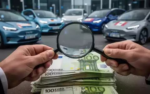 Eine Hand hält eine Lupe über einem Stapel Euro-Banknoten, im Hintergrund verschwommen Elektroautos, die Subventionen symbolisieren. - Foto: über boerse-global.de