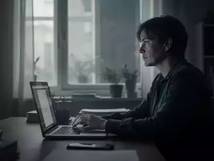 Eine Person sitzt allein an einem Schreibtisch im Homeoffice, schaut nachdenklich aus dem Fenster. Laptop im Vordergrund. - Foto: über boerse-global.de