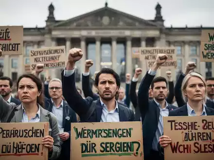 Eine Gruppe protestierender Menschen mit erhobenen Fäusten und Plakaten vor einem Regierungsgebäude, die Widerstand symbolisieren. - Foto: über boerse-global.de