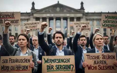 Eine Gruppe protestierender Menschen mit erhobenen Fäusten und Plakaten vor einem Regierungsgebäude, die Widerstand symbolisieren. - Foto: über boerse-global.de