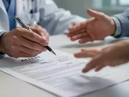 Eine Hand hält einen Stift über einem Attest, eine andere Hand des Patienten ist im Hintergrund angedeutet. Fokus auf die Interaktion. - Foto: über boerse-global.de