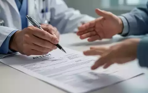 Eine Hand hält einen Stift über einem Attest, eine andere Hand des Patienten ist im Hintergrund angedeutet. Fokus auf die Interaktion. - Foto: über boerse-global.de