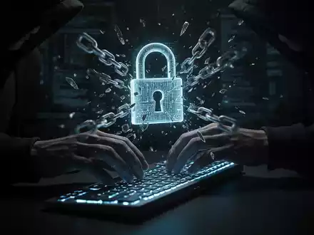 Hackerhände tippen auf einer Tastatur mit holografischem Schlossbruch, Symbol für Cyberangriffe und Sicherheitsverletzungen. - Foto: über boerse-global.de