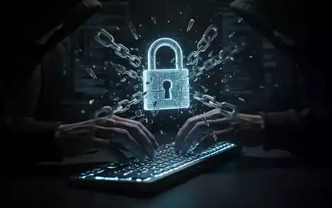 Hackerhände tippen auf einer Tastatur mit holografischem Schlossbruch, Symbol für Cyberangriffe und Sicherheitsverletzungen. - Foto: über boerse-global.de
