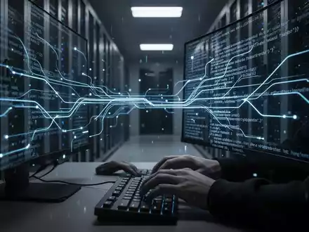 Ein Hacker tippt auf einer Tastatur, mit Code-Reflexionen auf dem Bildschirm, in einem dunklen Serverraum mit blauen Lichtlinien. - Foto: über boerse-global.de