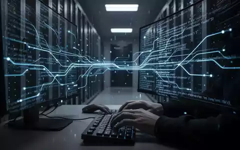 Ein Hacker tippt auf einer Tastatur, mit Code-Reflexionen auf dem Bildschirm, in einem dunklen Serverraum mit blauen Lichtlinien. - Foto: über boerse-global.de
