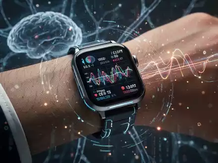 Eine Smartwatch am Handgelenk zeigt Gehirnwellen und Gesundheitsdaten an, im Hintergrund angedeutete neuronale Netze und Datenströme. - Foto: über boerse-global.de