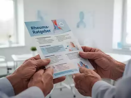 Nahaufnahme von Händen, die eine Broschüre mit der Aufschrift 'Rheuma-Ratgeber' halten, in einem Beratungsraum. - Foto: über boerse-global.de