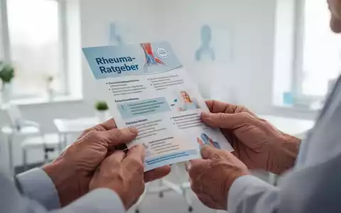 Nahaufnahme von Händen, die eine Broschüre mit der Aufschrift 'Rheuma-Ratgeber' halten, in einem Beratungsraum. - Foto: über boerse-global.de