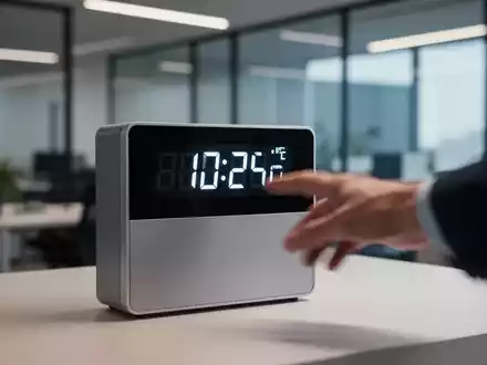 Eine Nahaufnahme eines modernen elektronischen Zeiterfassungsterminals mit einem digitalen Display in einem Büro. Eine Hand ist verschwommen. - Foto: über boerse-global.de