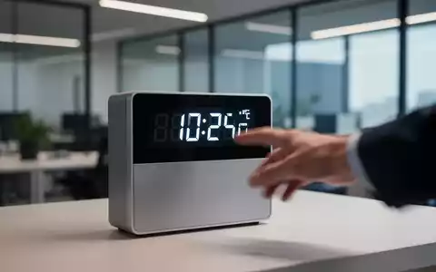 Eine Nahaufnahme eines modernen elektronischen Zeiterfassungsterminals mit einem digitalen Display in einem Büro. Eine Hand ist verschwommen. - Foto: über boerse-global.de