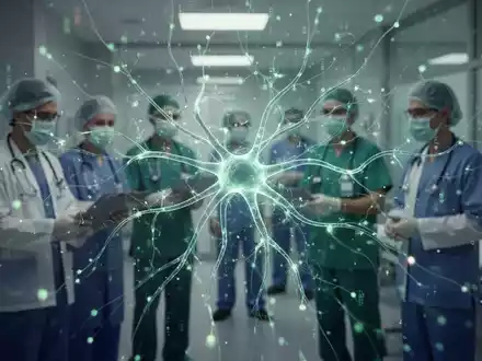 Abstrakte Darstellung eines neuronalen Netzwerks über einem verschwommenen Bild von medizinischem Personal, symbolisiert HR-Software im Gesundheitswesen. - Foto: über boerse-global.de