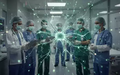 Abstrakte Darstellung eines neuronalen Netzwerks über einem verschwommenen Bild von medizinischem Personal, symbolisiert HR-Software im Gesundheitswesen. - Foto: über boerse-global.de
