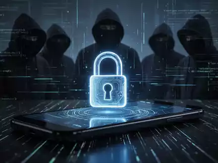 Stilisiertes, leuchtendes digitales Schloss auf Smartphone, mit Hacker-Schatten und Code im Hintergrund. - Foto: über boerse-global.de