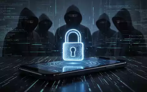 Stilisiertes, leuchtendes digitales Schloss auf Smartphone, mit Hacker-Schatten und Code im Hintergrund. - Foto: über boerse-global.de