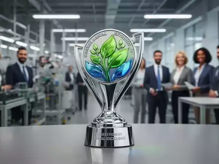 Eine glänzende, silberne Medaille oder Trophäe, die grüne und blaue Farbtöne reflektiert, vor einem unscharfen Hintergrund. - Foto: über boerse-global.de