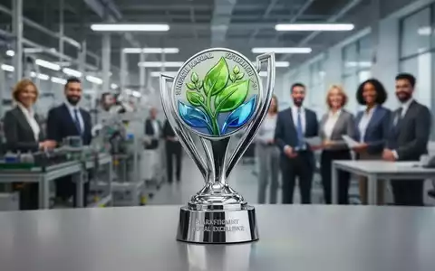 Eine glänzende, silberne Medaille oder Trophäe, die grüne und blaue Farbtöne reflektiert, vor einem unscharfen Hintergrund. - Foto: über boerse-global.de