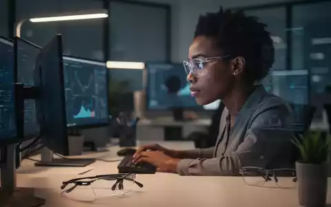 Eine Person mit Brille arbeitet konzentriert an einem Computer in einem modernen Büro. Eine spezielle Bildschirmarbeitsplatzbrille liegt daneben. - Foto: über boerse-global.de