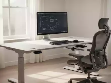 Ein moderner, minimalistischer Homeoffice-Arbeitsplatz mit einem elektrisch höhenverstellbaren Schreibtisch und ergonomischem Stuhl. - Foto: über boerse-global.de