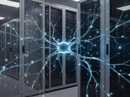 Leuchtend blaues neuronales Netzwerkdiagramm über einem Server-Rack, Symbol für KI und Datenverarbeitung. - Foto: über boerse-global.de