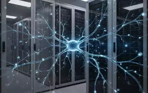 Leuchtend blaues neuronales Netzwerkdiagramm über einem Server-Rack, Symbol für KI und Datenverarbeitung. - Foto: über boerse-global.de