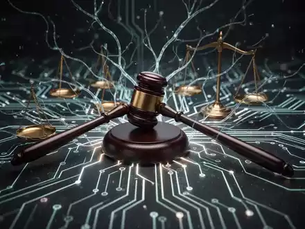 Glühendes neuronales Netzwerk mit Richthämmern und Waagen der Justiz, symbolisiert KI-Regulierung in Medien. - Foto: über boerse-global.de