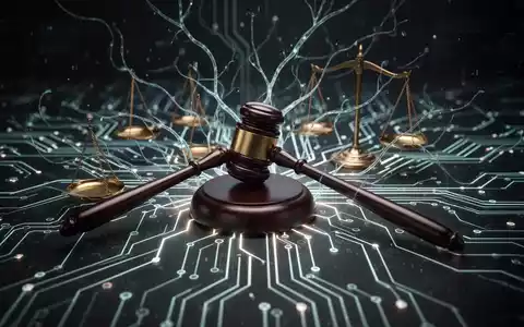 Glühendes neuronales Netzwerk mit Richthämmern und Waagen der Justiz, symbolisiert KI-Regulierung in Medien. - Foto: über boerse-global.de
