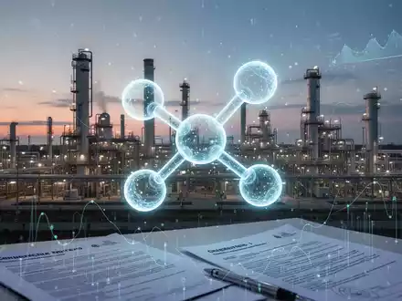Ein stilisiertes, leuchtendes digitales Kohlenstoffmolekül-Symbol vor einer modernen Chemieanlage bei Dämmerung, mit Datenströmen und Dokumenten. - Foto: über boerse-global.de