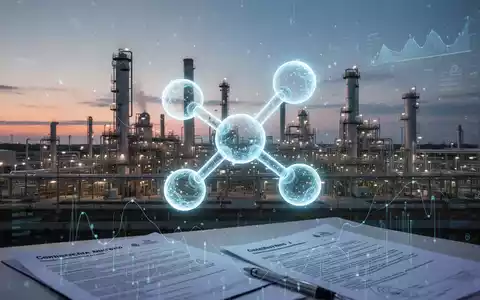 Ein stilisiertes, leuchtendes digitales Kohlenstoffmolekül-Symbol vor einer modernen Chemieanlage bei Dämmerung, mit Datenströmen und Dokumenten. - Foto: über boerse-global.de