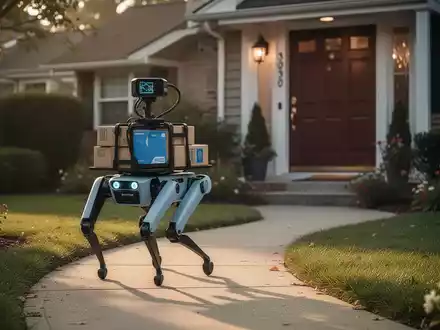 Ein Boston Dynamics Spot-Roboter mit Paketzustellaufsatz läuft auf einem Weg zur Haustür. - Foto: über boerse-global.de