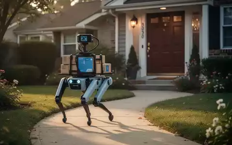 Ein Boston Dynamics Spot-Roboter mit Paketzustellaufsatz läuft auf einem Weg zur Haustür. - Foto: über boerse-global.de