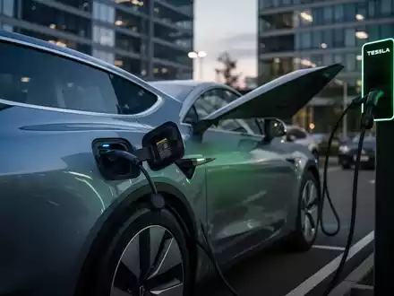 Ein modernes Elektroauto lädt an einer Ladestation auf einem Firmenparkplatz bei Dämmerung, mit unscharfen Bürogebäuden im Hintergrund. - Foto: über boerse-global.de