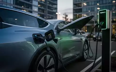 Ein modernes Elektroauto lädt an einer Ladestation auf einem Firmenparkplatz bei Dämmerung, mit unscharfen Bürogebäuden im Hintergrund. - Foto: über boerse-global.de