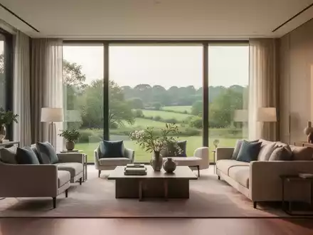 Ein modernes Wohnzimmer mit großen Fenstern, die auf eine grüne Landschaft blicken, symbolisiert Work-Life-Balance und Lebensqualität. - Foto: über boerse-global.de