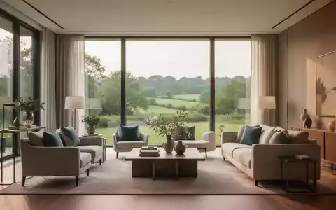 Ein modernes Wohnzimmer mit großen Fenstern, die auf eine grüne Landschaft blicken, symbolisiert Work-Life-Balance und Lebensqualität. - Foto: über boerse-global.de