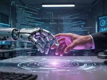 Eine Roboterhand interagiert mit einer menschlichen Hand über einer leuchtenden digitalen Oberfläche, die Code und Daten anzeigt. - Foto: über boerse-global.de