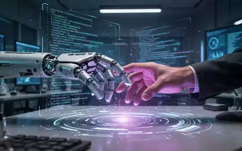 Eine Roboterhand interagiert mit einer menschlichen Hand über einer leuchtenden digitalen Oberfläche, die Code und Daten anzeigt. - Foto: über boerse-global.de