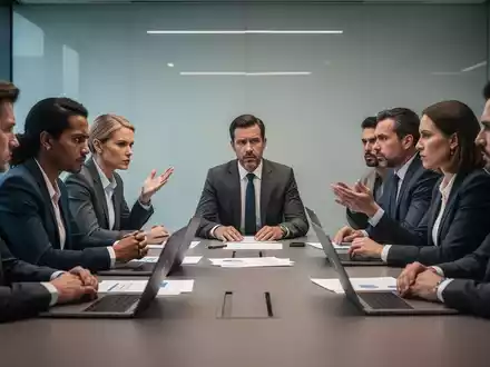 Eine Gruppe von Geschäftsleuten sitzt an einem Konferenztisch und verhandelt, wobei die Körpersprache Anspannung und mögliche Lösung andeutet. - Foto: über boerse-global.de