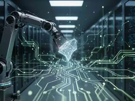 Ein Roboterarm platziert einen leuchtenden Datenpunkt in einem Netzwerk aus Schaltkreisen, symbolisch für Automatisierung und KI. - Foto: über boerse-global.de